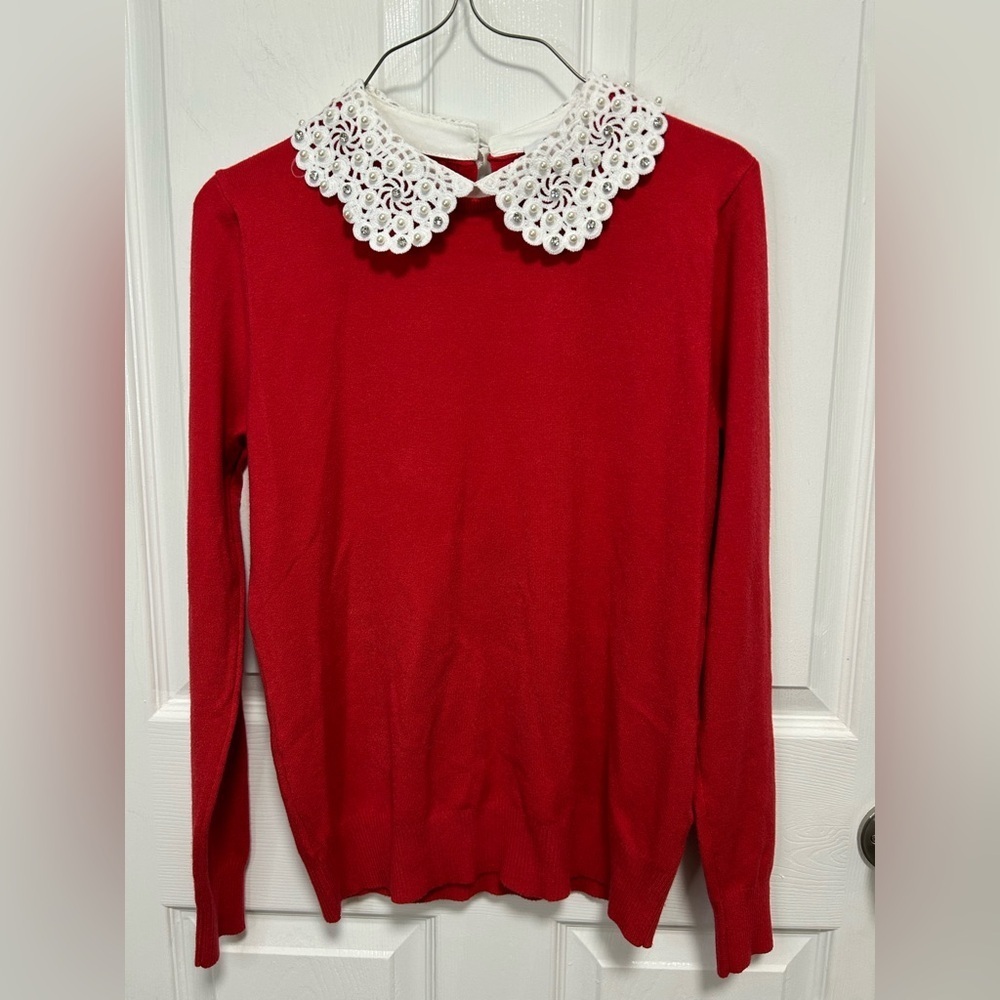 Siano Milano Elegant Red Lace Collar sweatshirt